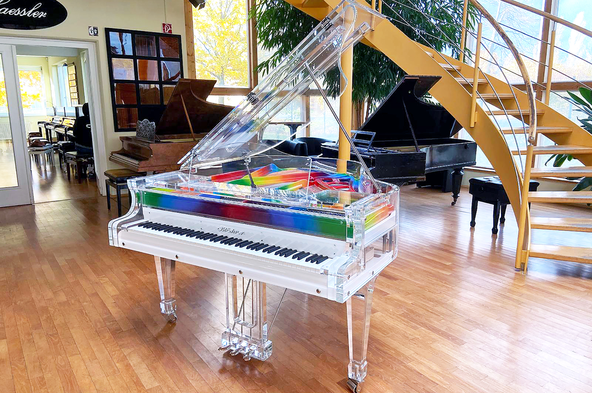 Blüthner iDyllic Grand Piano with rainbow coloured iron frame