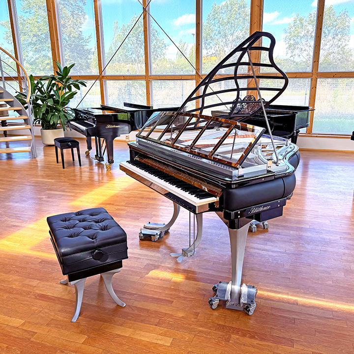 Blüthner PH Grand Piano brushed aluminium legs, black leather and grey iron frame