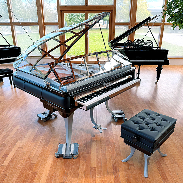 Blüthner PH Grand Piano brushed aluminium legs, black leather and grey iron frame